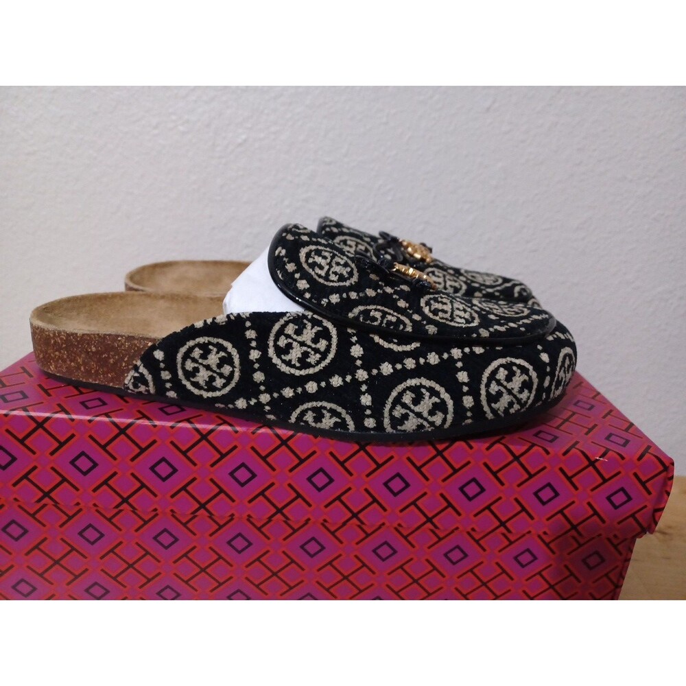 Tory Burch T Monogrammed Tory Charm Mules Clogs Size 9 Black Cream New In Box - Picture 5 of 10